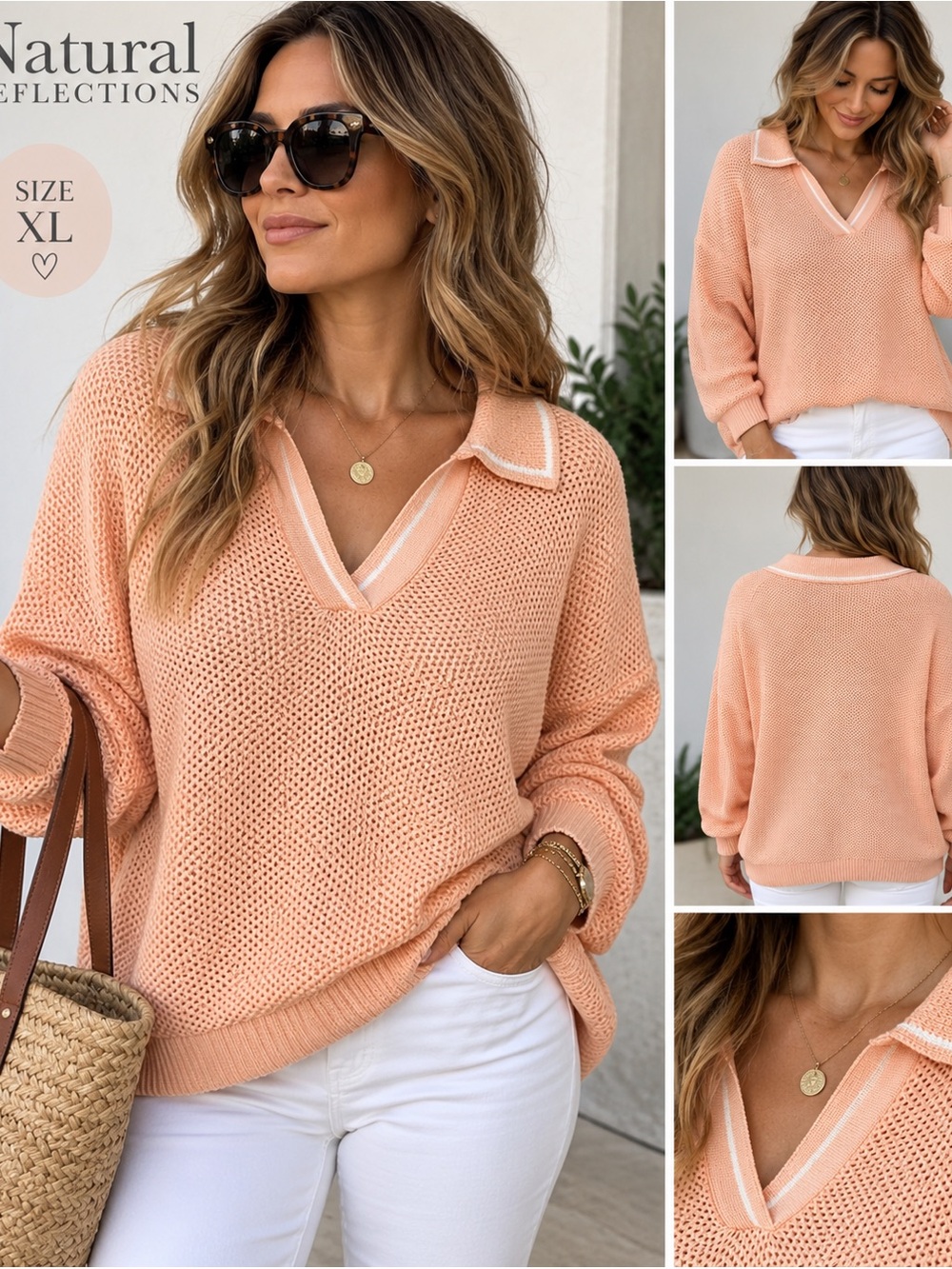 Natural Reflections Peach V-Neck Knit Sweater with Polo Collar